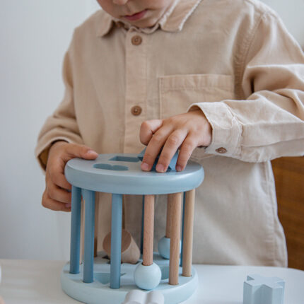 arendav puidust mänguasi, kujude sorteerimisratas sinine